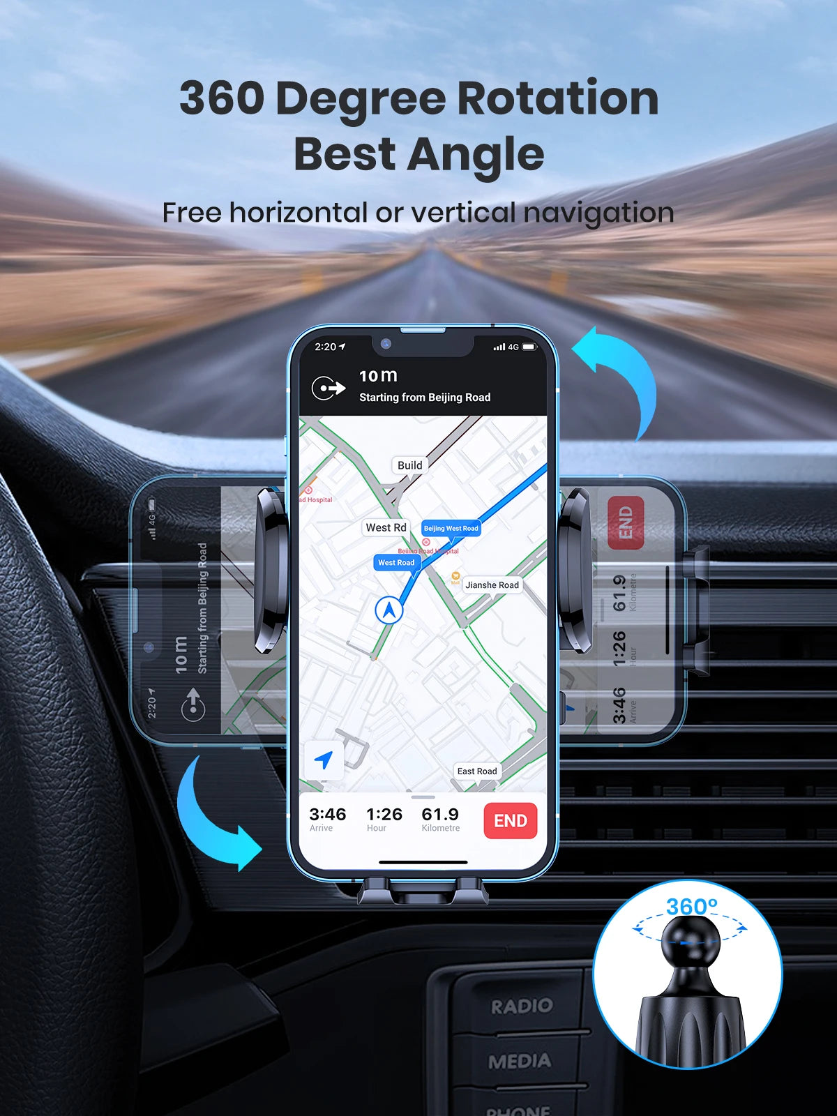 A 360 degree rotating car phone mount is shown mounted on a car dashboard with a navigation app displayed on a smartphone.