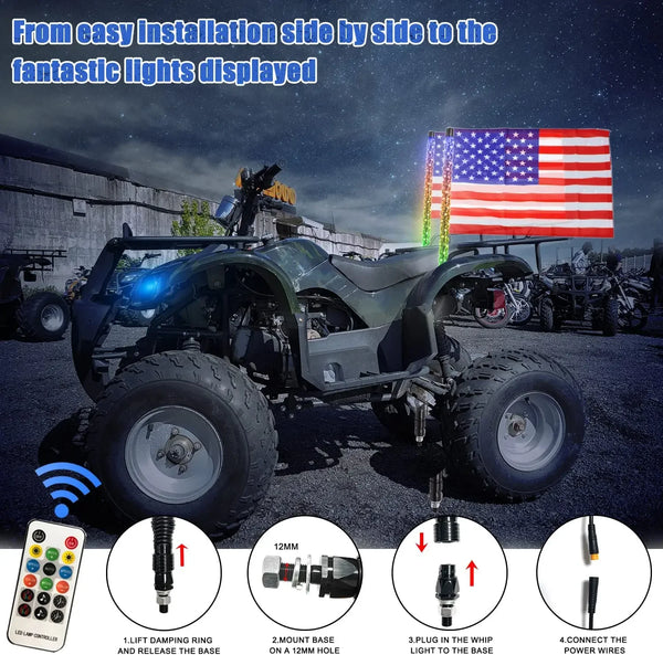 Installation guide showing the RGB chasing light whip for off-road vehicles and its mounting components.