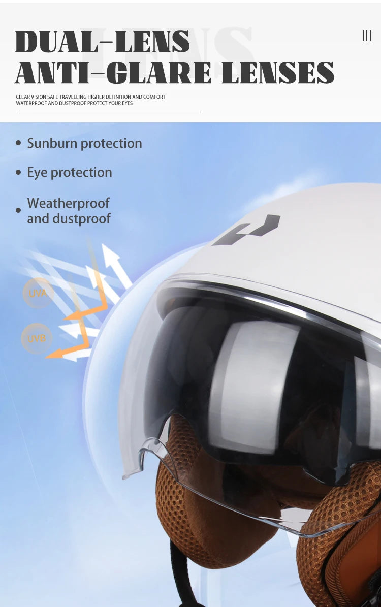 Nahaufnahme eines weißen Motorradhelms mit klarem Visier, das UV- und UVB-Schutzfunktionen zeigt.