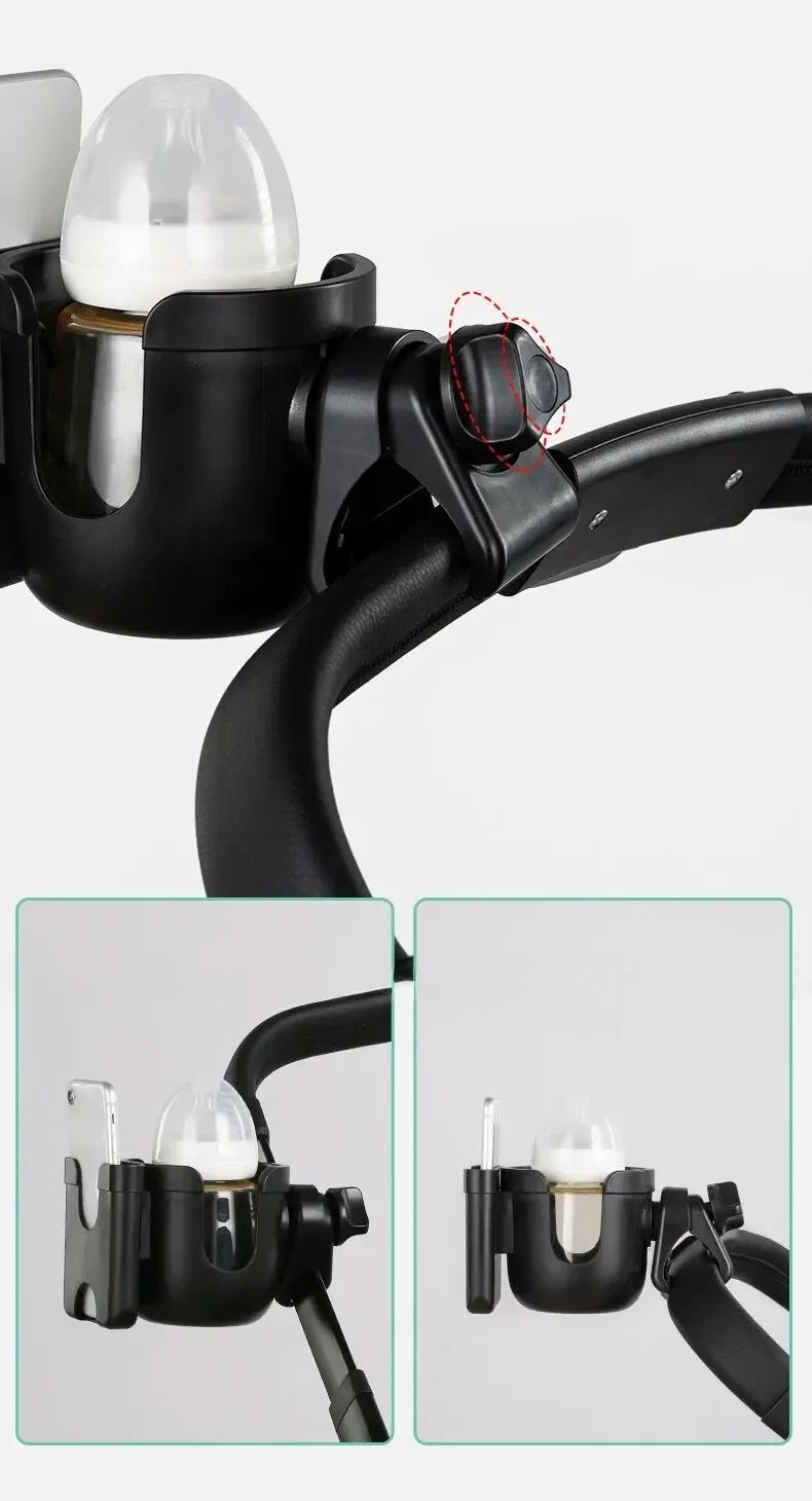 Une tasse et un support de téléphone multifonctionnel noir montés sur le guidon.