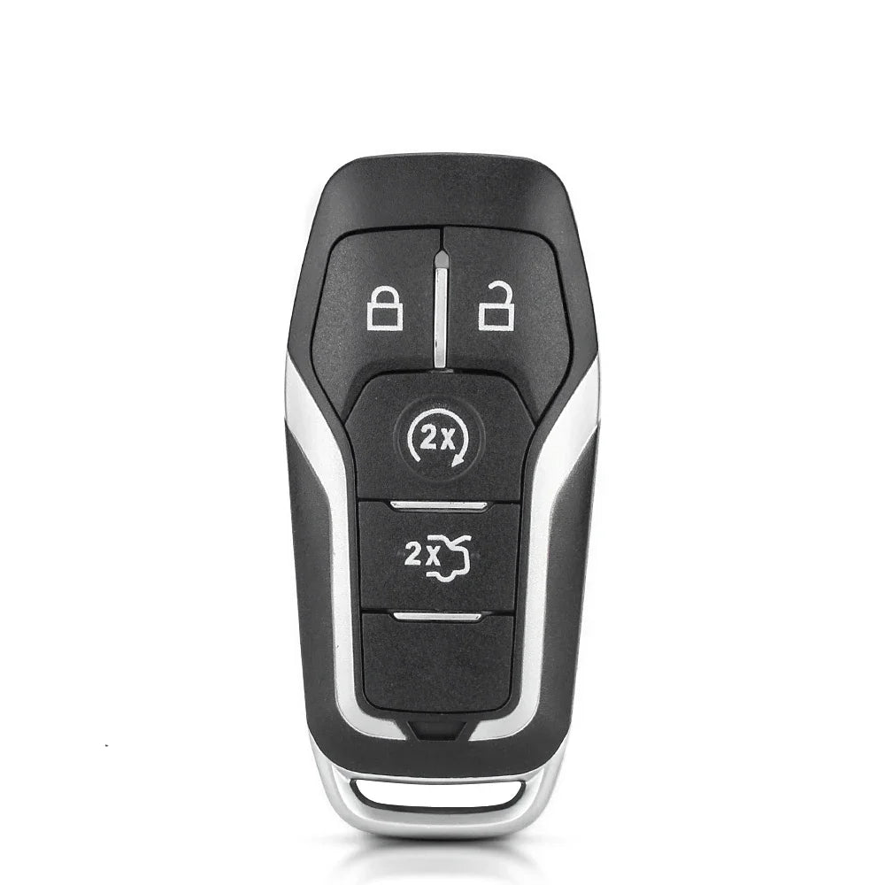A black smart key shell replacement case with a silver trim and two lock icons and a double-action button.