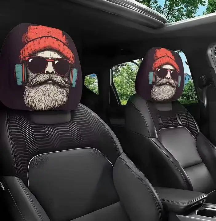 Car headrest covers featuring a portrait of a bearded man wearing a red hat and sunglasses