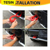 Installation steps showing how to attach a red tow hook cover to a car exterior bumper.