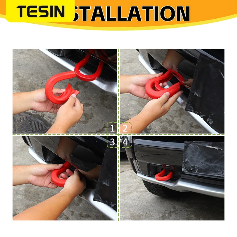 Installation steps showing how to attach a red tow hook cover to a car exterior bumper.