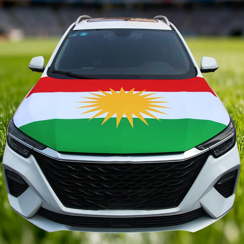 A white car hood decorated with a flag featuring the colors of the flag of the Republic of Indonesia.