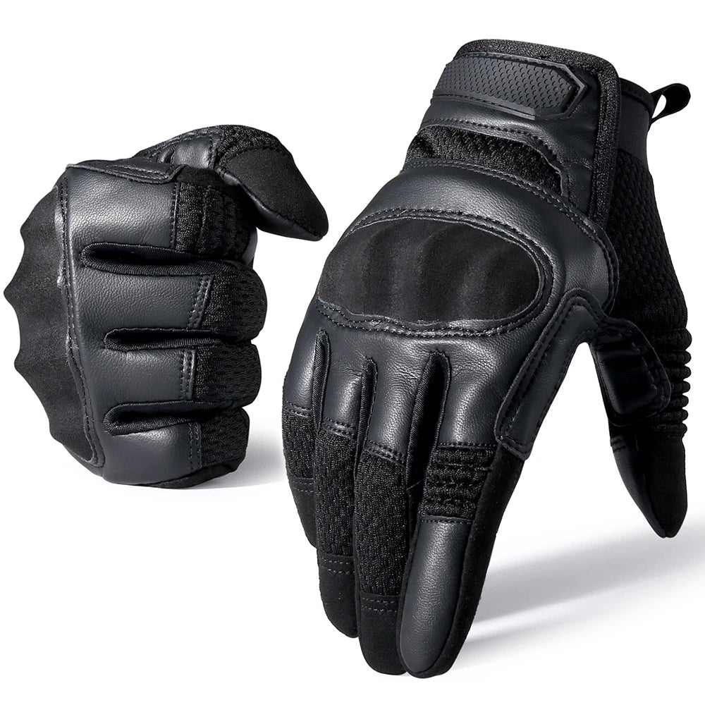 A pair of black tactical hard-shell gloves with a touchscreen grip shown in a close-up view.