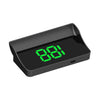A black car dashboard speed and GPS display unit with a green digital readout.