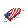 A rectangular black product with a red, white, and blue patriotic pattern and dimension lines.
