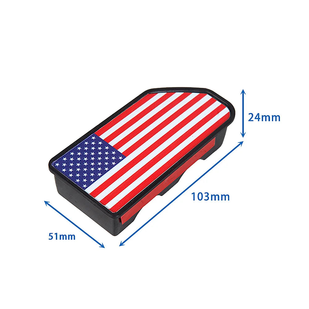 A rectangular black product with a red, white, and blue patriotic pattern and dimension lines.