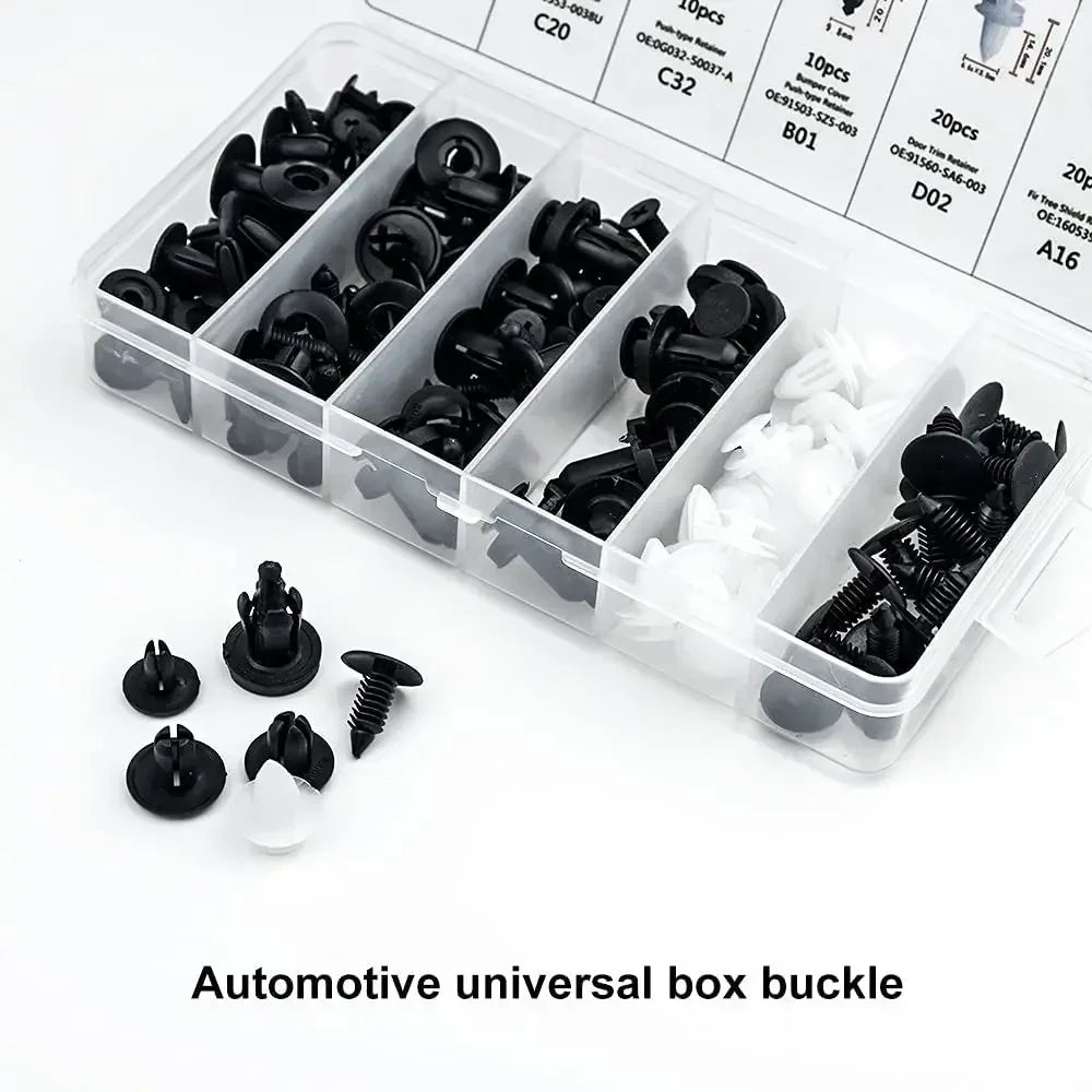 A clear plastic box containing various automotive universal box buckles and fasteners.