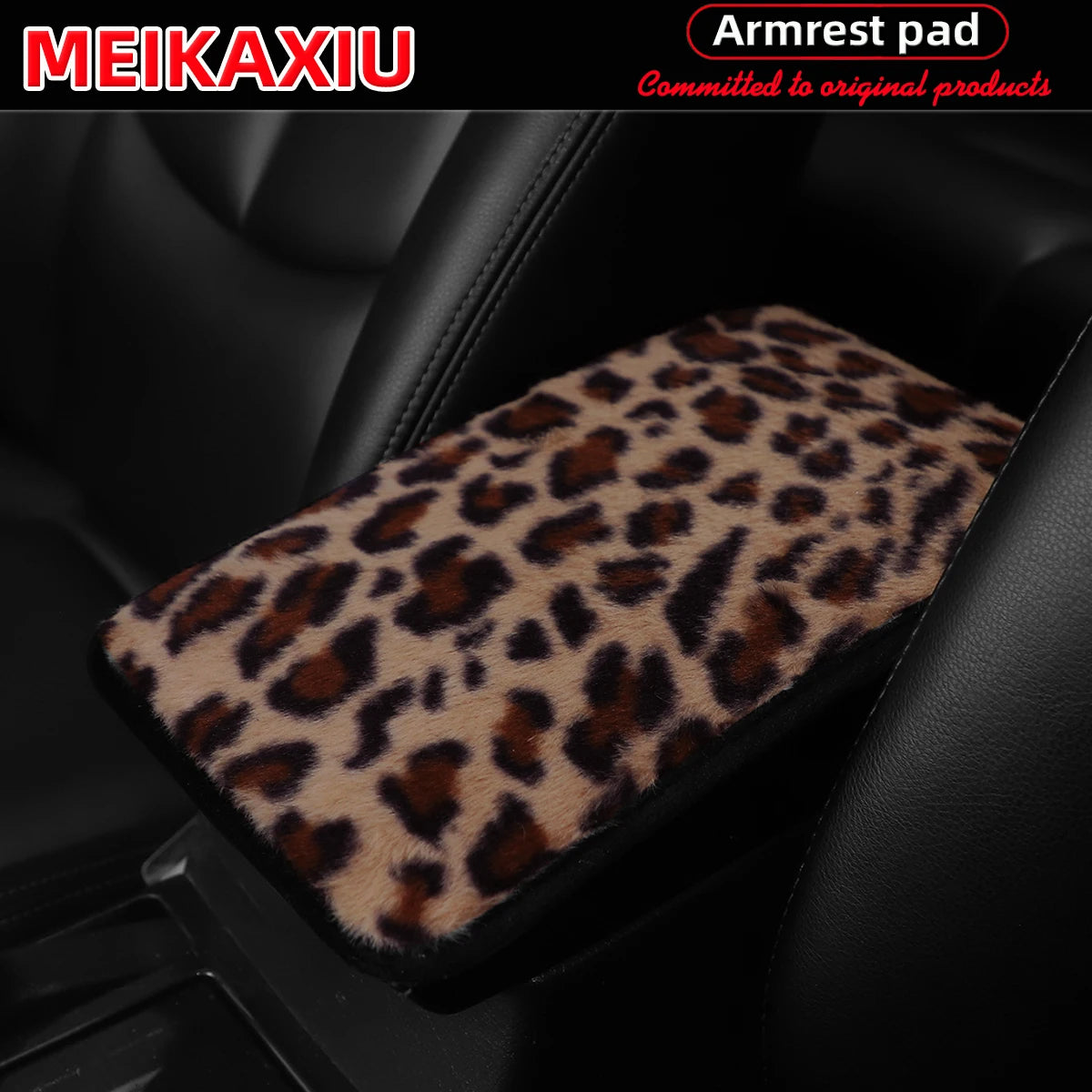 Leopard print plush cover for a car armrest in a black vehicle interior.