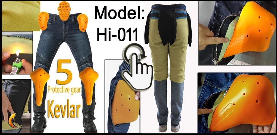 A yellow motorcycle protective cover for a helmet is shown alongside jeans and gloves.