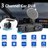كاميرا مراقبة سيارة (DVR) سوداء بثلاث قنوات مثبتة على عجلة القيادة، تظهر ميزات مثل التسجيل عالي الدقة والرؤية الليلية.