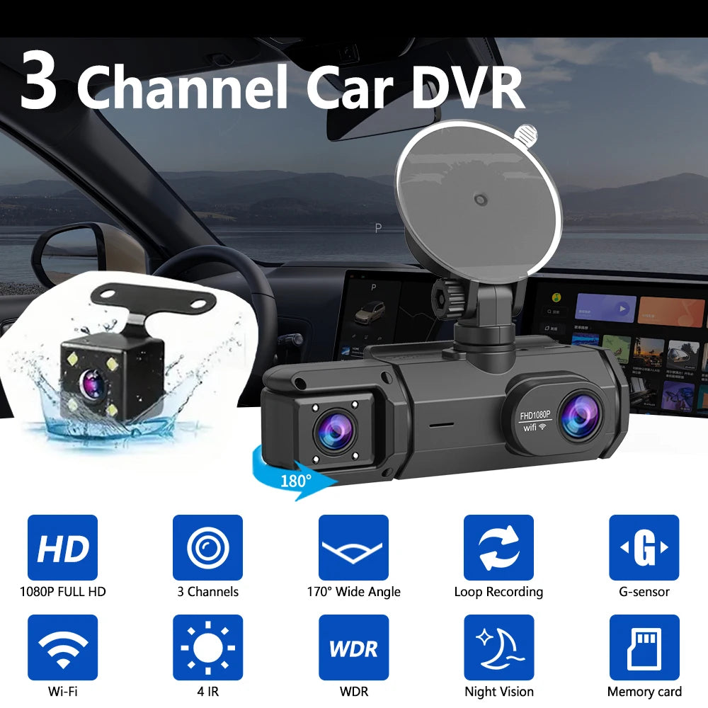 كاميرا مراقبة سيارة (DVR) سوداء بثلاث قنوات مثبتة على عجلة القيادة، تظهر ميزات مثل التسجيل عالي الدقة والرؤية الليلية.