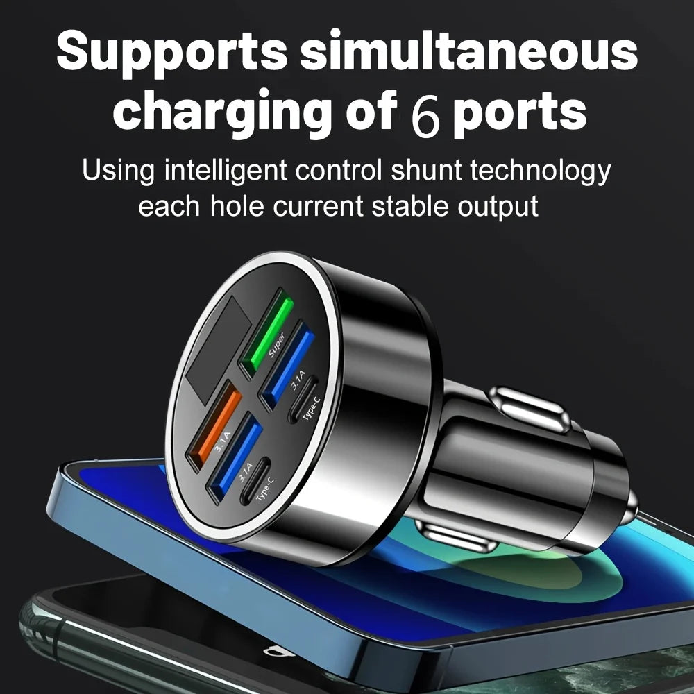 Adaptateur de charge multi-fonction avec six ports branché sur un smartphone.