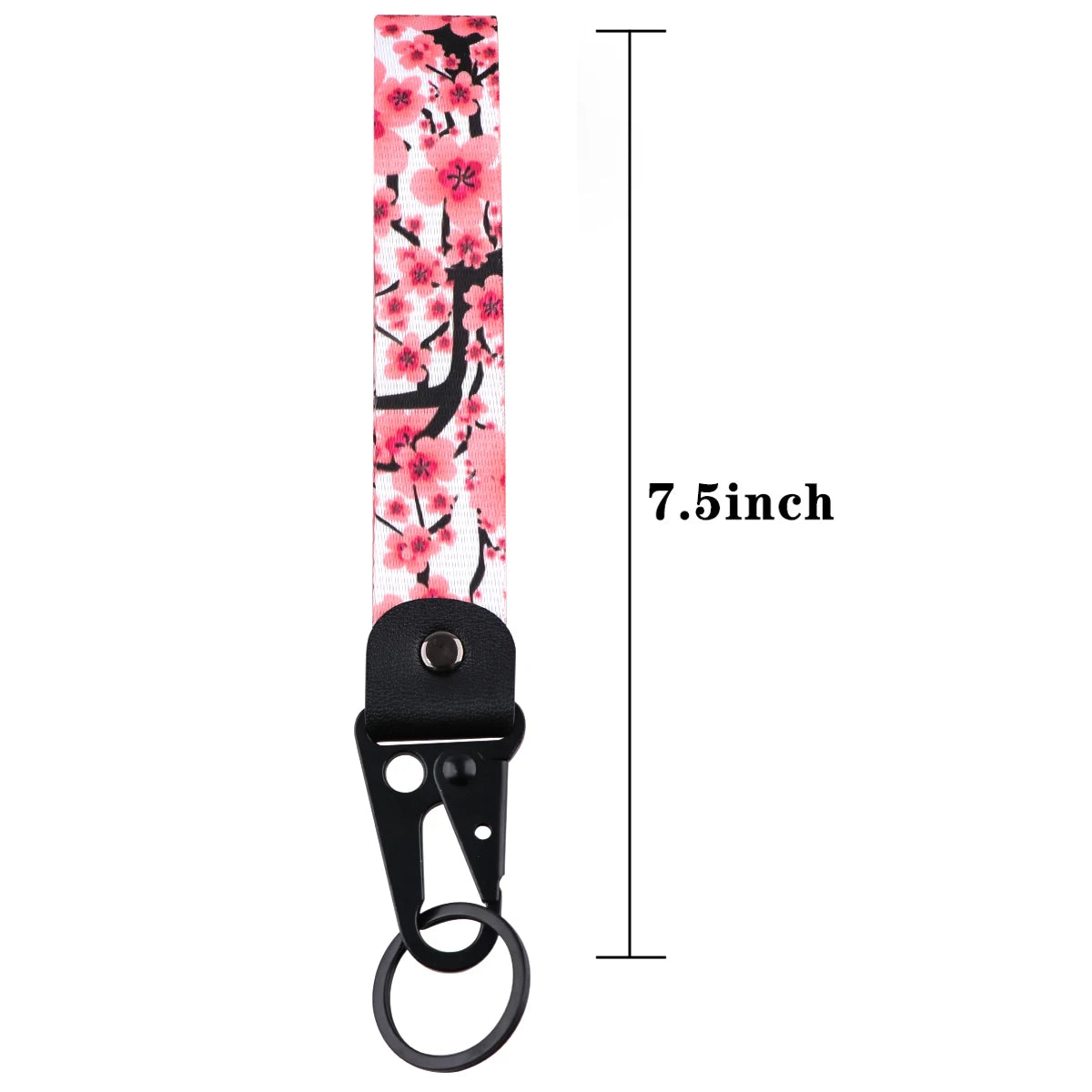 Pink cherry blossom patterned phone wrist strap lanyard with a black clip and keyring