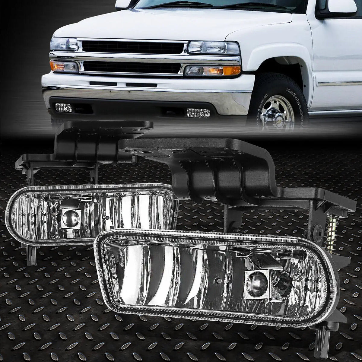 A pair of clear lens fog light assemblies for a Chevy Silverado, Suburban, or Tahoe truck.