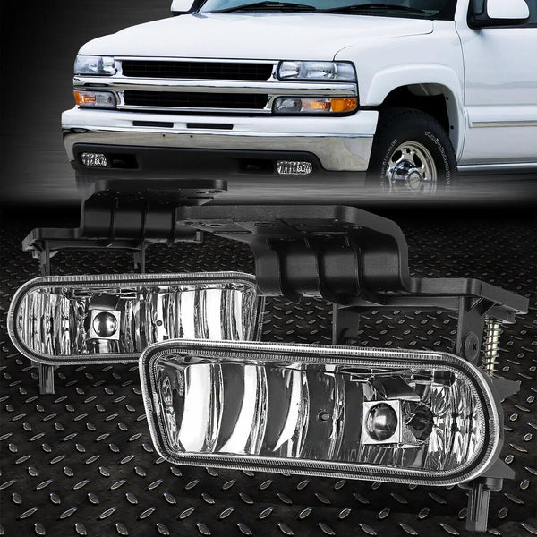 A pair of clear lens fog light assemblies for a Chevy Silverado, Suburban, or Tahoe truck.