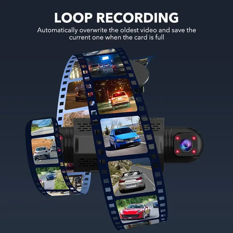 A black car dash camera device is shown with various video clips displayed on its screen.