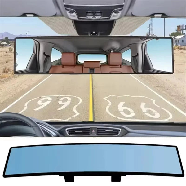 Wide angle convex rearview mirror showing the interior and exterior view of a car.