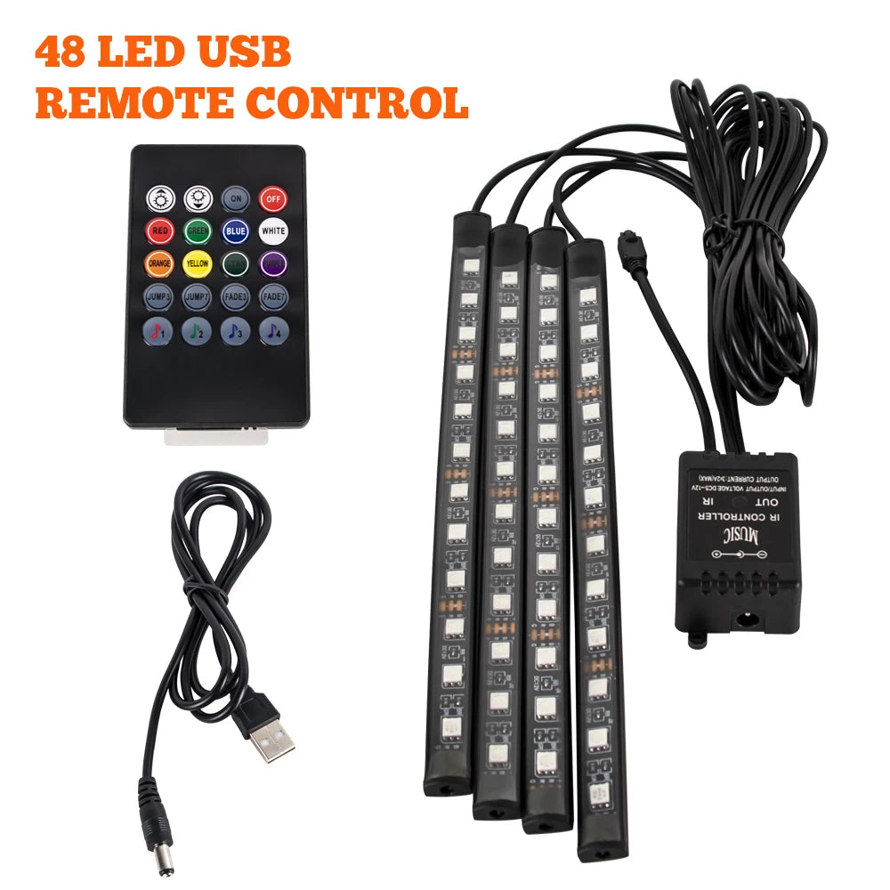 A set of 48 LED USB remote control lights and a corresponding power cable for car ambient lighting.