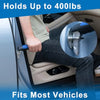 A hand is shown using a car door assist handle, demonstrating its ability to hold up to 400 lbs.