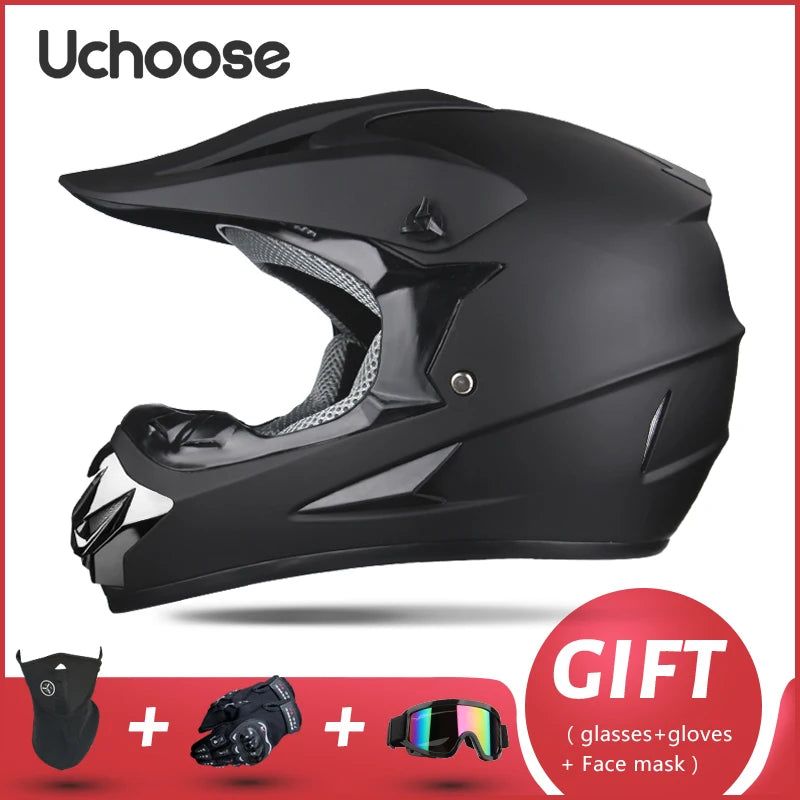 Casque de moto tout-terrain noir Uchoose avec lunettes, gants et masque facial, kit cadeau