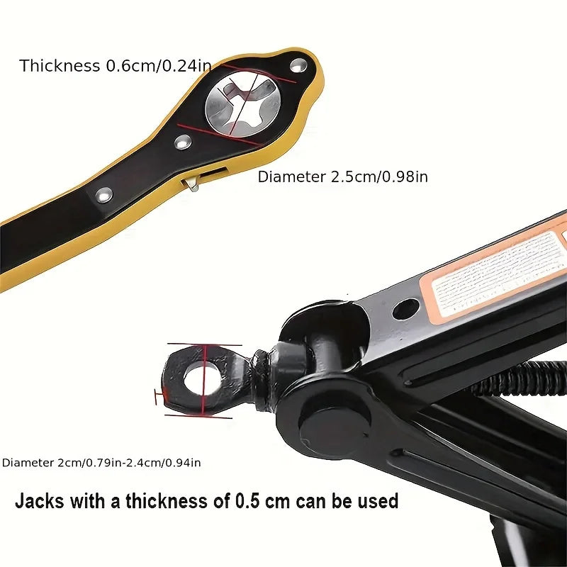 A yellow heavy-duty ratchet wrench with a 0.6cm thickness and 2.5cm diameter is shown alongside a black jack component.