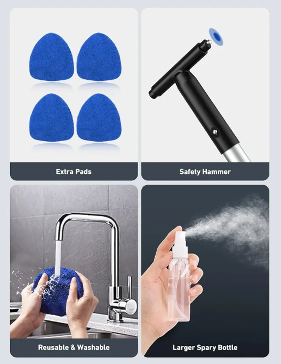A set of cleaning tools including extra pads, a safety hammer, and a larger spray bottle for car window cleaning.