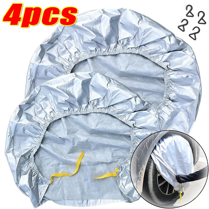Two silver aluminum foil car tire storage covers are shown, with an inset demonstrating the fit over a tire.