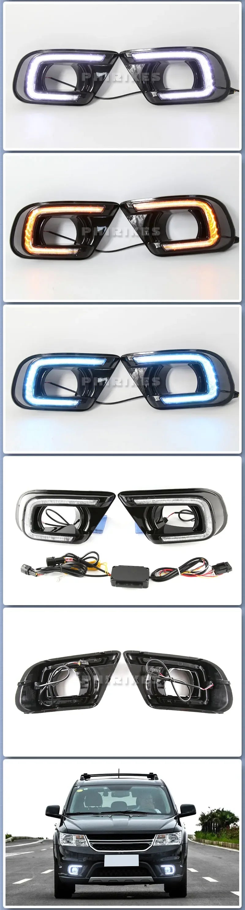 Paar Dual-LED-Tagfahrlicht-Nebelscheinwerfer für ein Fahrzeug, gezeigt in verschiedenen Konfigurationen und montiert.