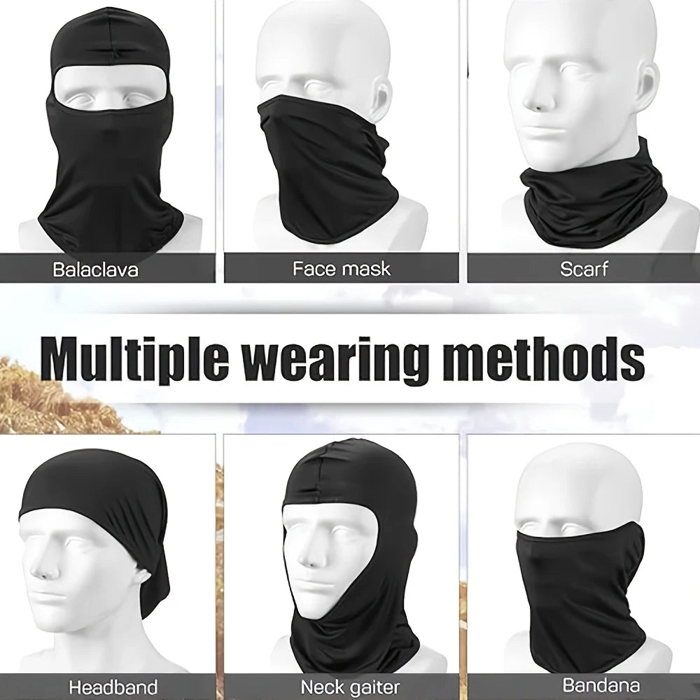 Various wearing methods of a black balaclava hat including face mask scarf headband neck gater and bandana