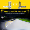 Comparison showing a LED headlight bulb versus an other type, emphasizing a perfect beam pattern for oncoming vehicles.