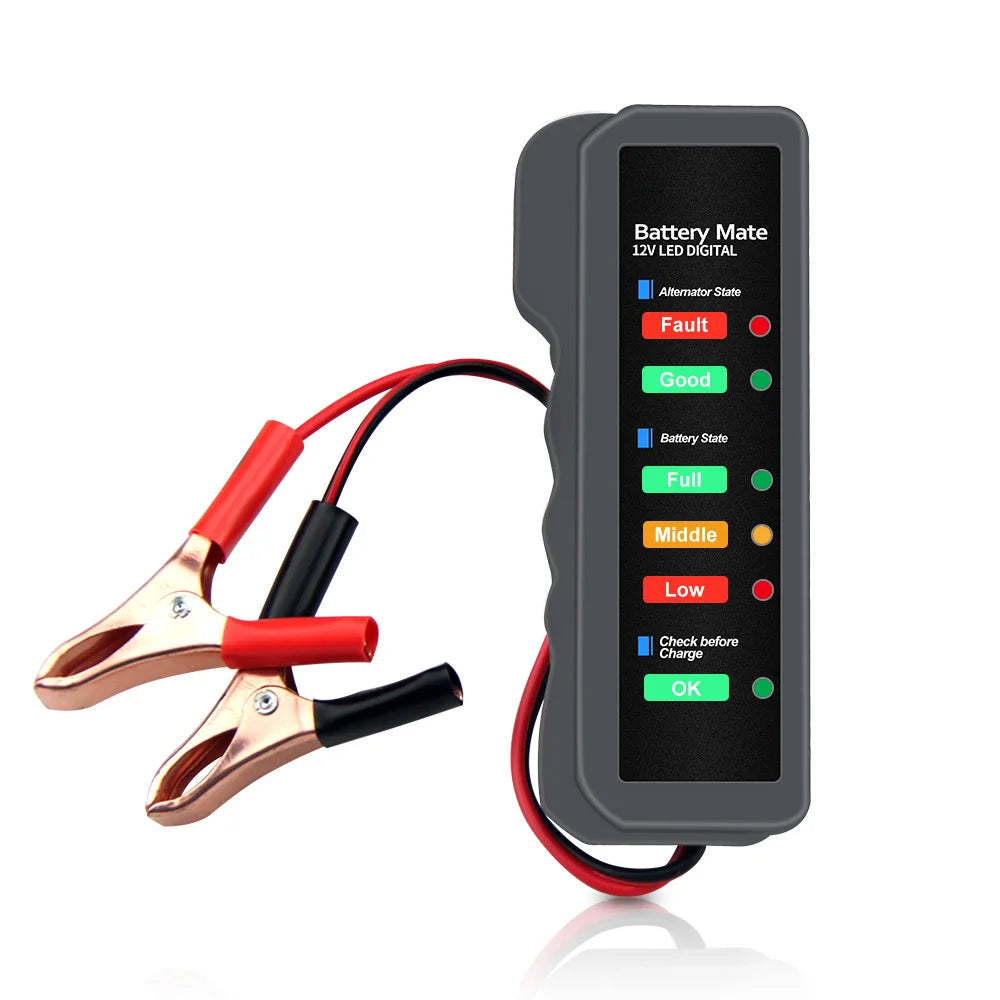 A black battery meter displays the alternator state, battery state, and charge level, connected to a set of red and black tes