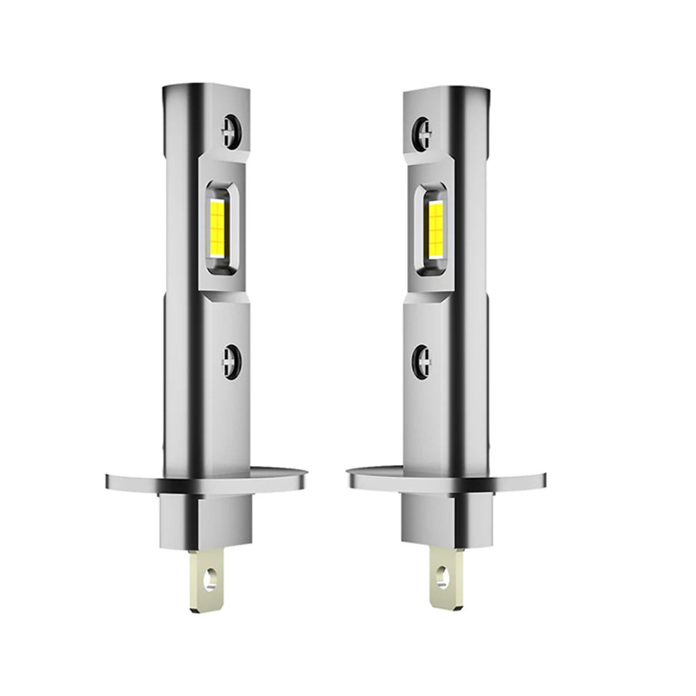 Two silver automotive headlight bulbs with yellow LED filaments and metal bases