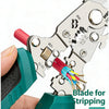 A hand holds a green tool gripping a silver pliers with a blade for stripping cable outer skin.