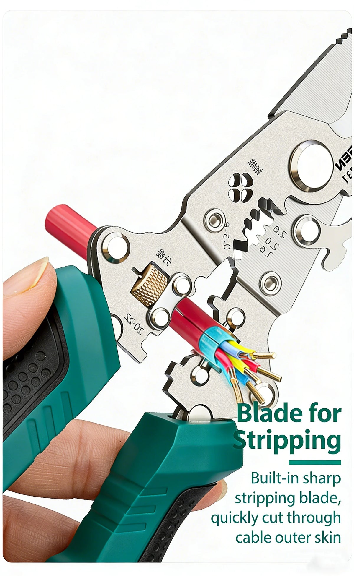 A hand holds a green tool gripping a silver pliers with a blade for stripping cable outer skin.