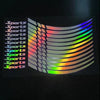 A set of reflective motorcycle wheel decal stickers featuring a rainbow gradient design.