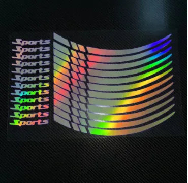 A set of reflective motorcycle wheel decal stickers featuring a rainbow gradient design.