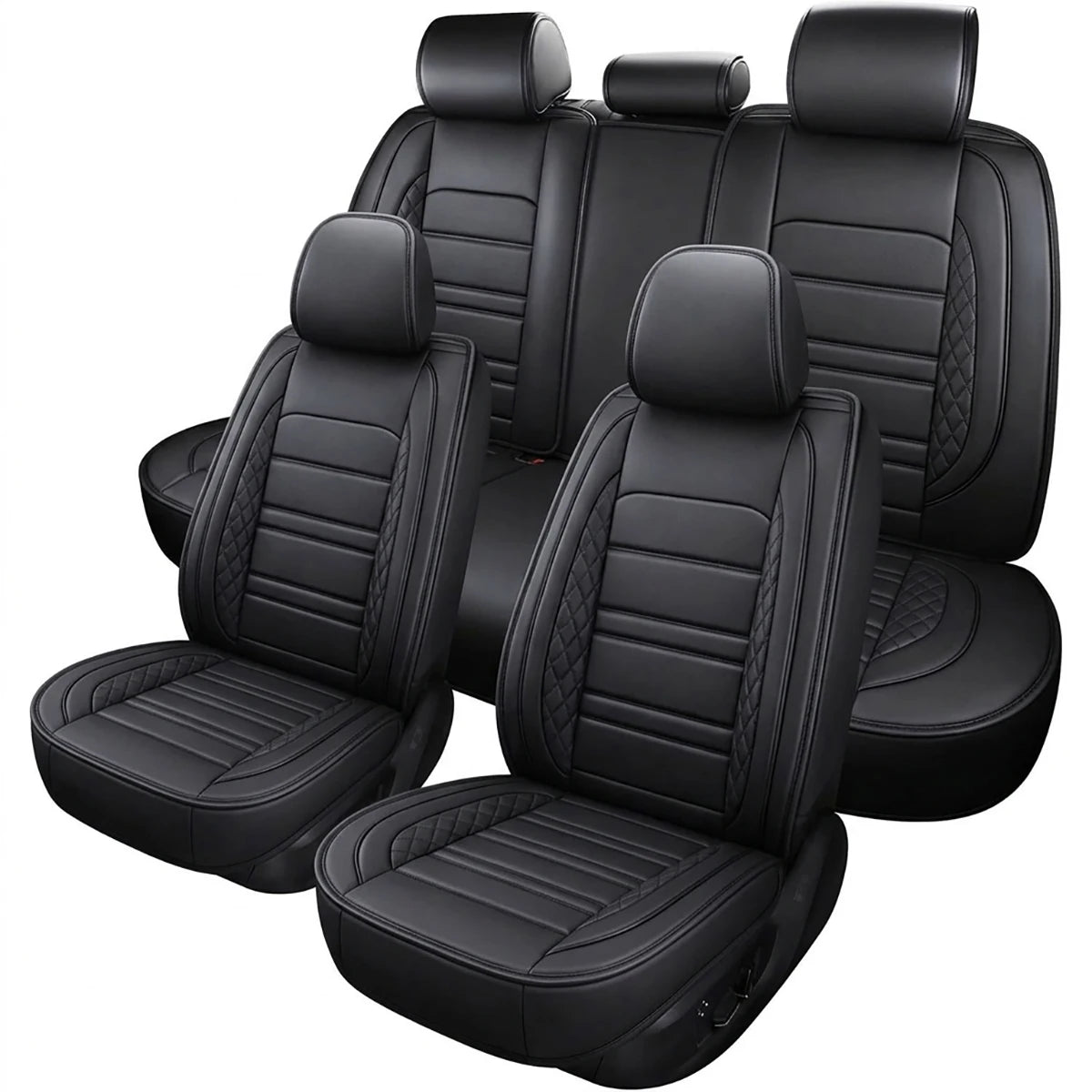 A set of five black PU leather car seat covers shown in a row.