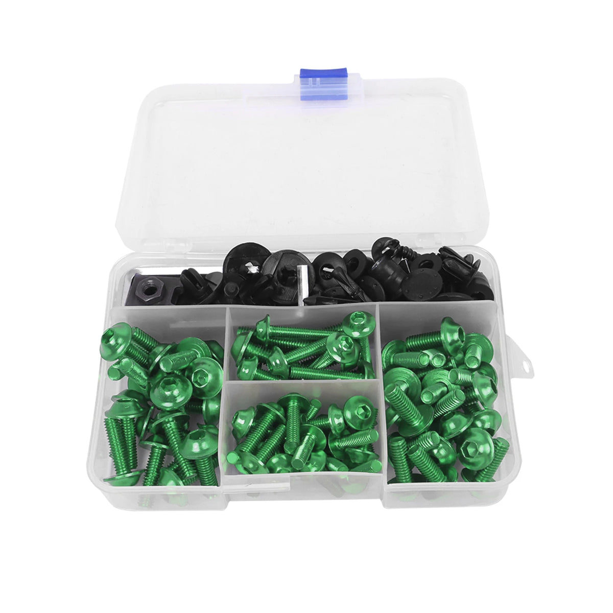 A clear plastic box containing a set of black and green motorcycle fairing bolts and screws.