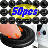 A hand is pressing a black silicone car door shock absorber pad onto a white car door, with a set of 50 pads displayed above.