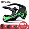 Casque de moto tout-terrain Uchoose Sparki noir et blanc avec accents verts et accessoires.