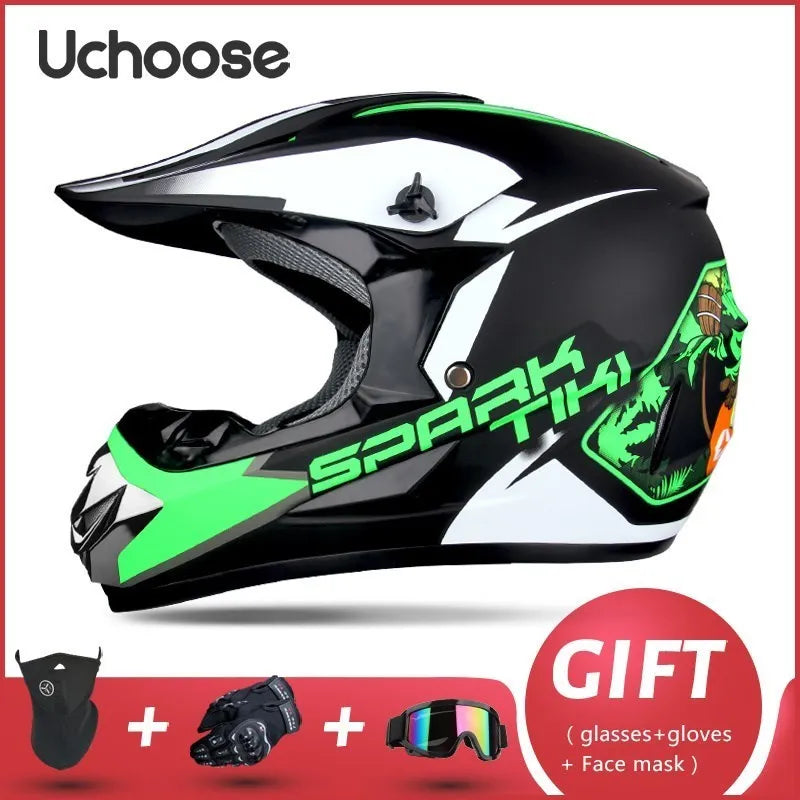 Casque de moto tout-terrain Uchoose Sparki noir et blanc avec accents verts et accessoires.