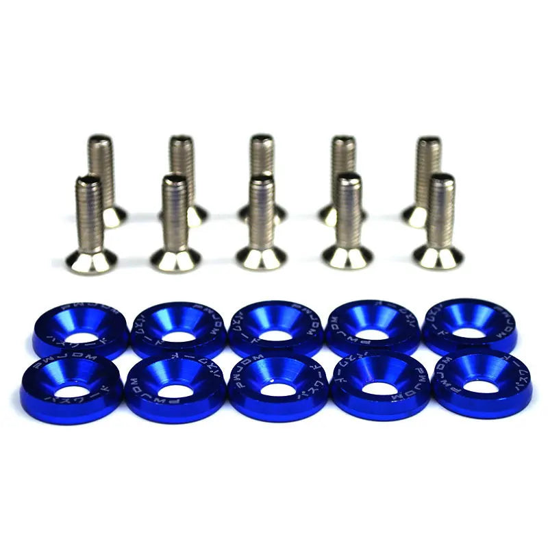 A set of silver aluminum fender fasteners, including various threaded pins and mounting components.
