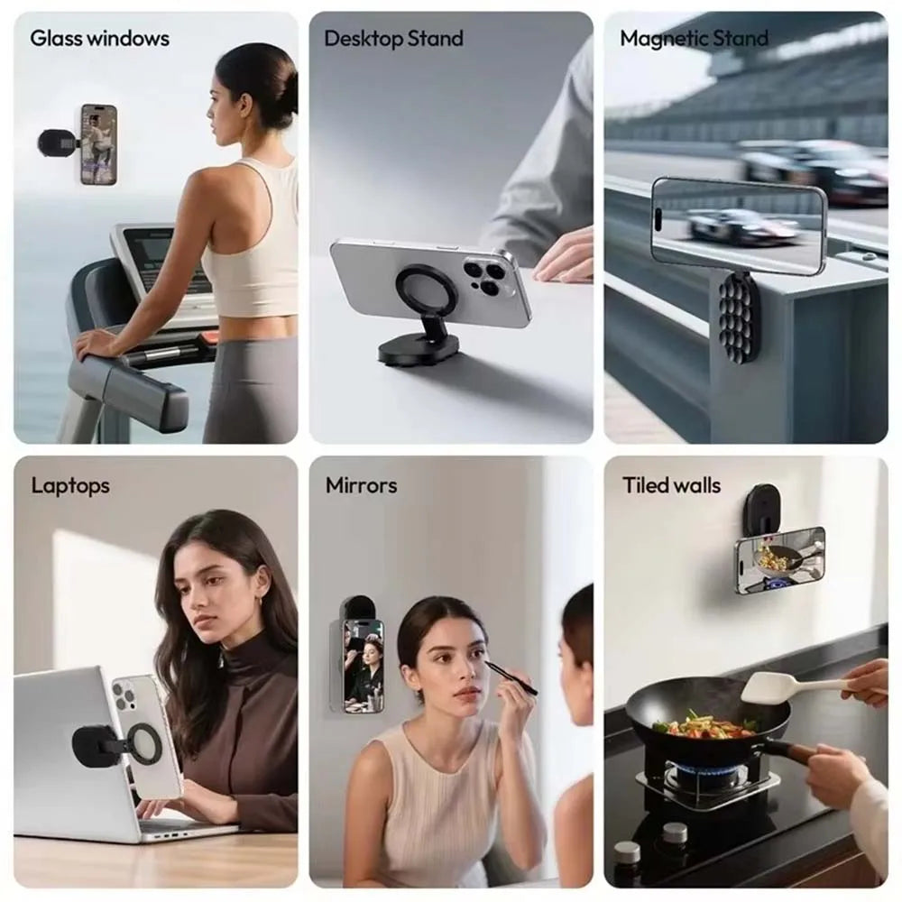 A collection of three magnetic phone holder stands shown in various contexts including glass windows, desktop use, and on a t