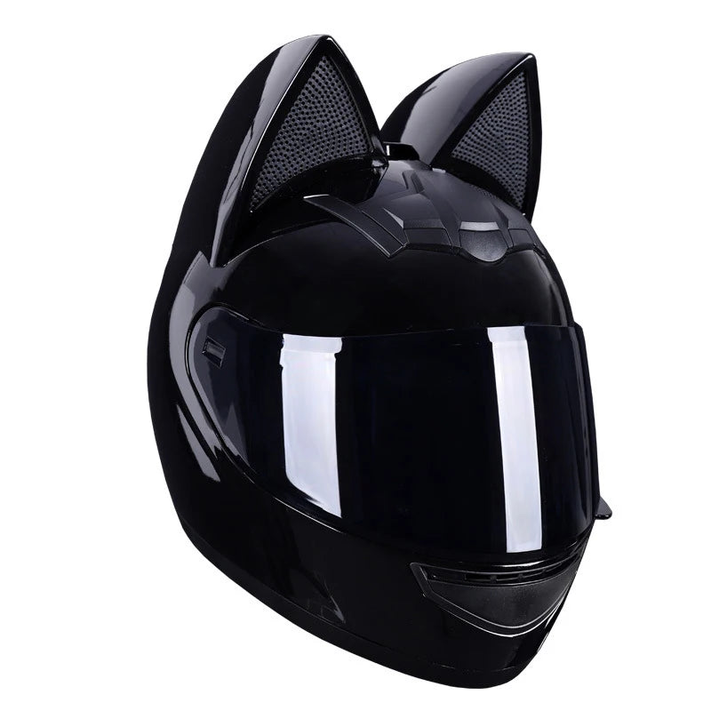 Black cat-ear full face motorcycle helmet shown from the front view