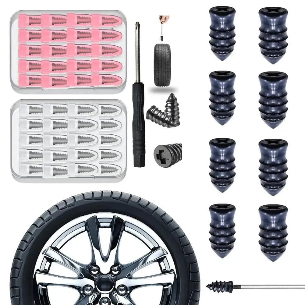 A set of car tyre puncture repair kits including various tools and replacement plugs.