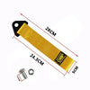 A yellow heavy-duty bumper tow hook with a rope and mounting hardware is shown with dimensions.
