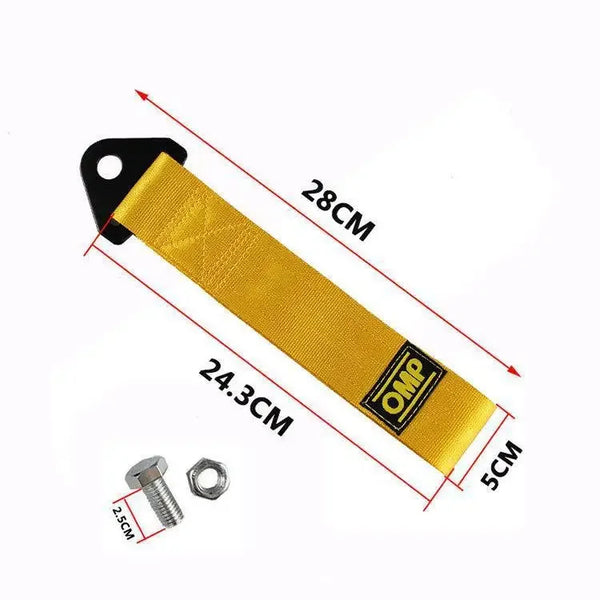 A yellow heavy-duty bumper tow hook with a rope and mounting hardware is shown with dimensions.